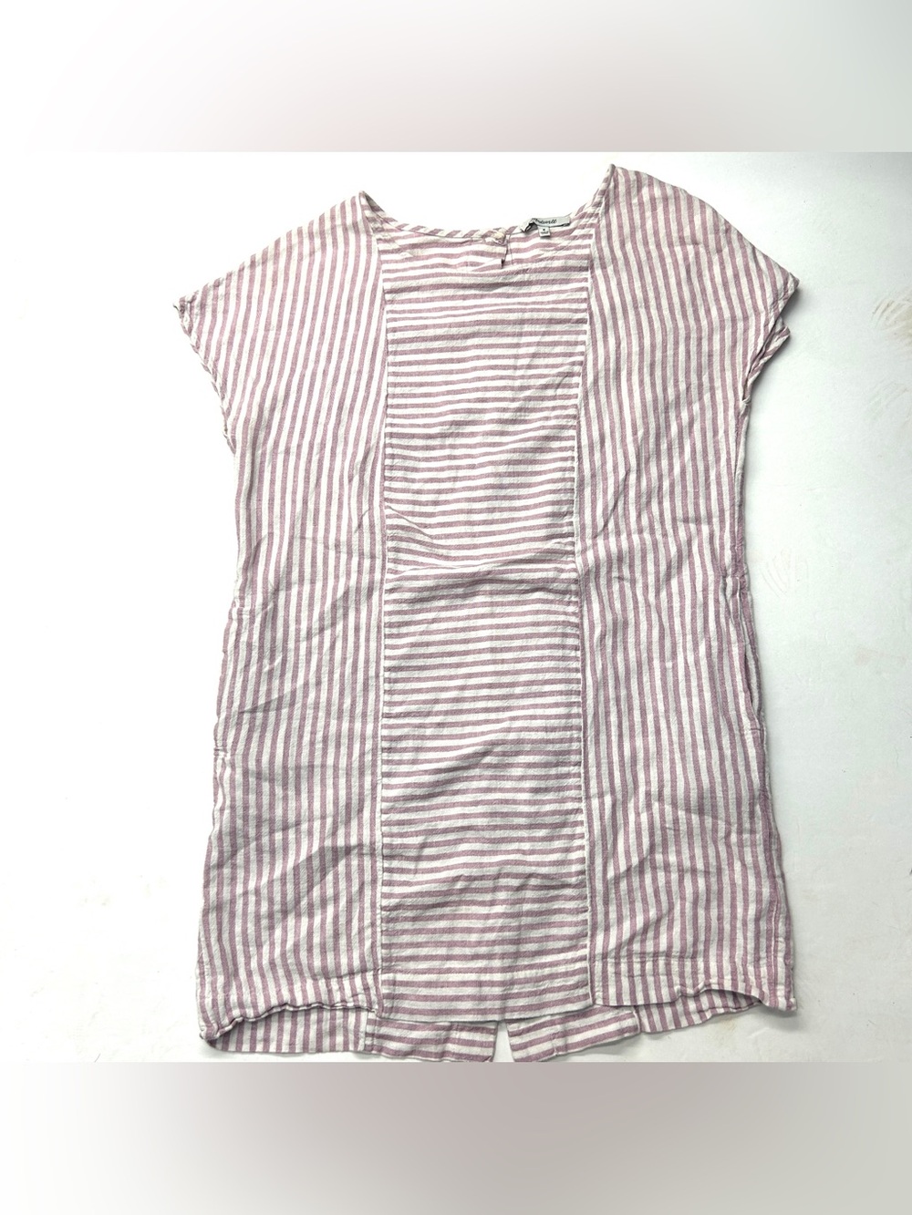 Madewell Purple White Striped Stripe-Play Button-Back Dress Linen Blend - Picture 4 of 10